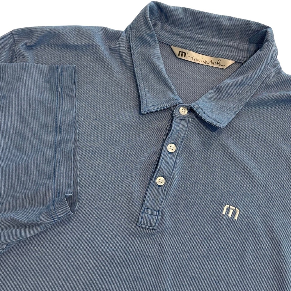 Travis Mathew Mens XXL Blue Micro Stripe Pima Cotton Blend Golf Polo Shirt Flaw